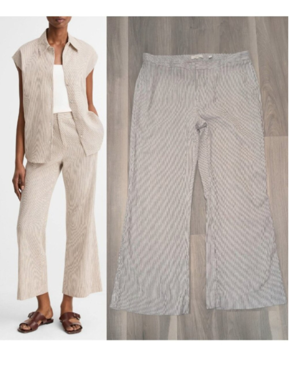 Vince | Ticking Stripe Linen-Cotton Low-Rise Crop Flare Trouser In Taupe Wood